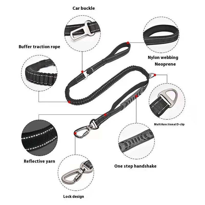 Retractable dog lead with hand-holding rope buffer and reflective traction belt in three colour options