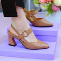 Women's apricot coloured leather closed toe sandals with a chunky heel on a white background.