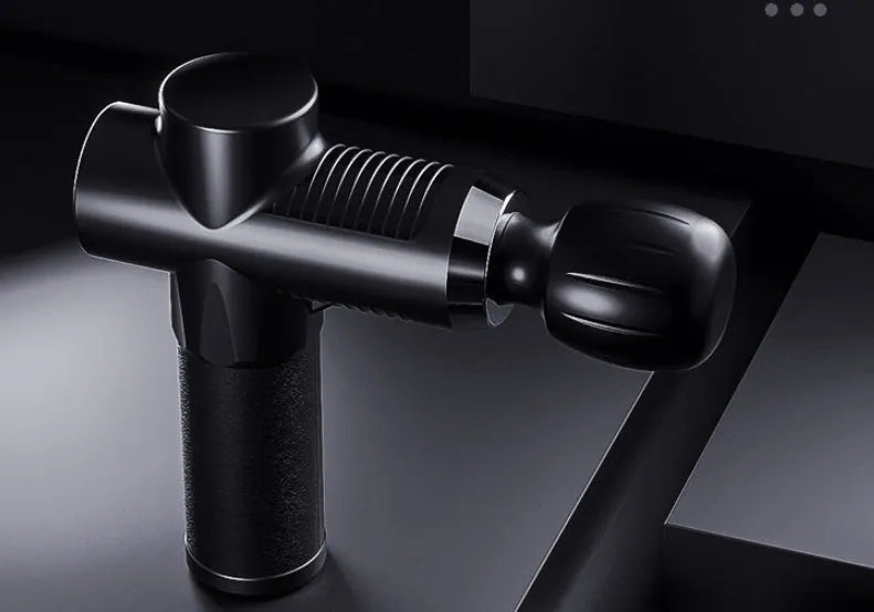 Black USB fascia gun with silicone and ABS construction, compact 382 g muscle fitness equipment