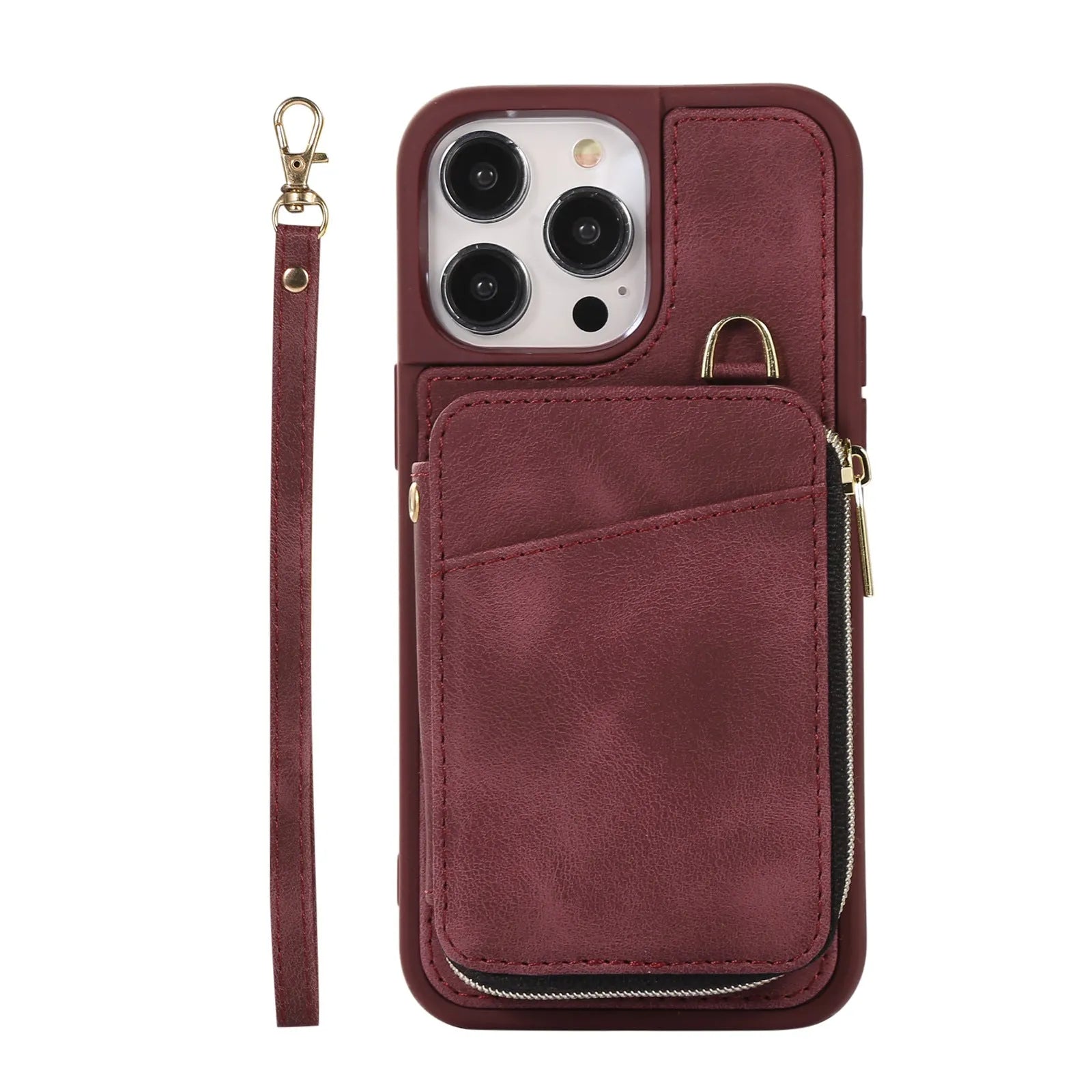 Creative leather style wallet phone case with card slots, lanyard, and bracket in brown for iPhone 14 Pro Max