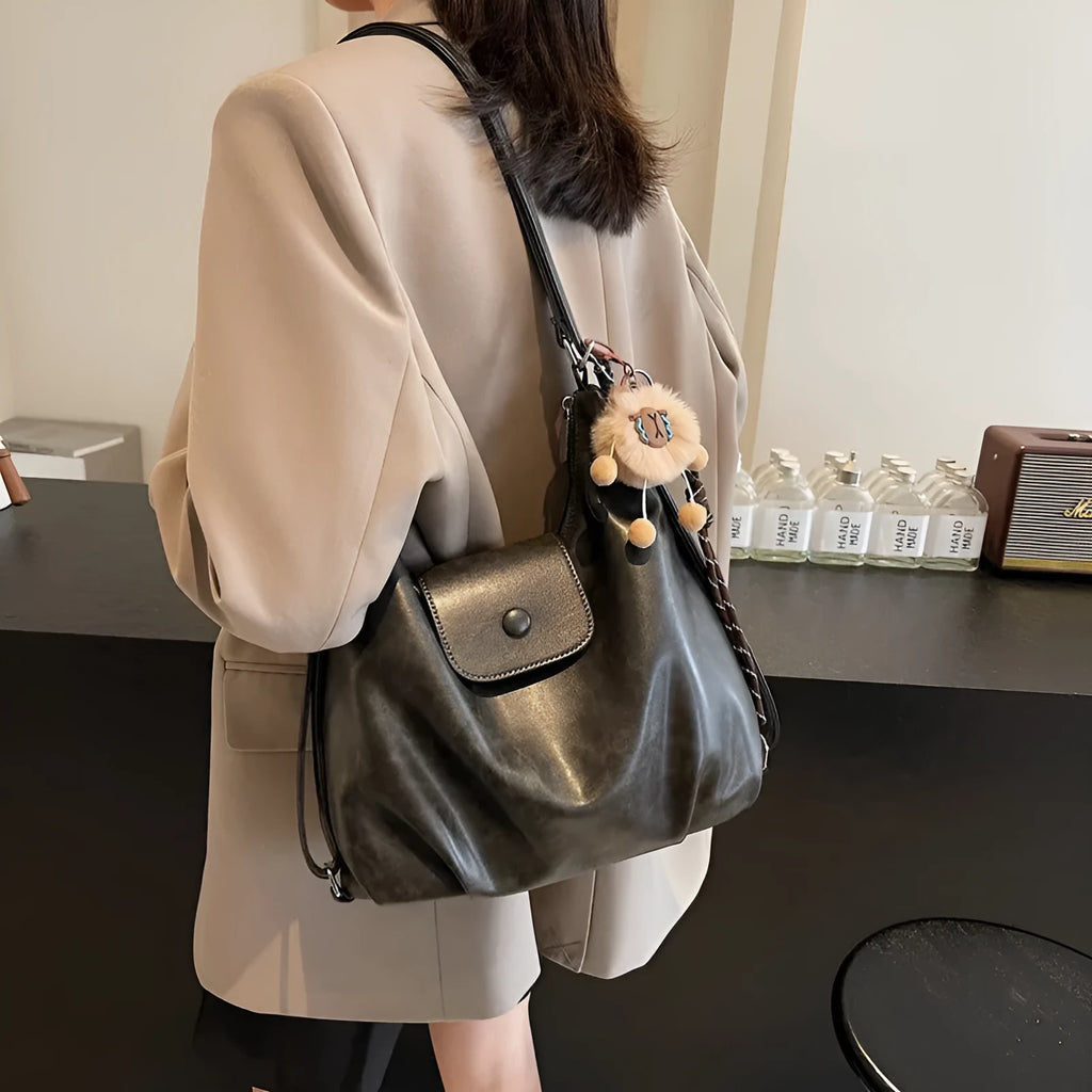Women's horizontal square PU leather shoulder bag in urban simplicity style with single strap and internal phone pocket