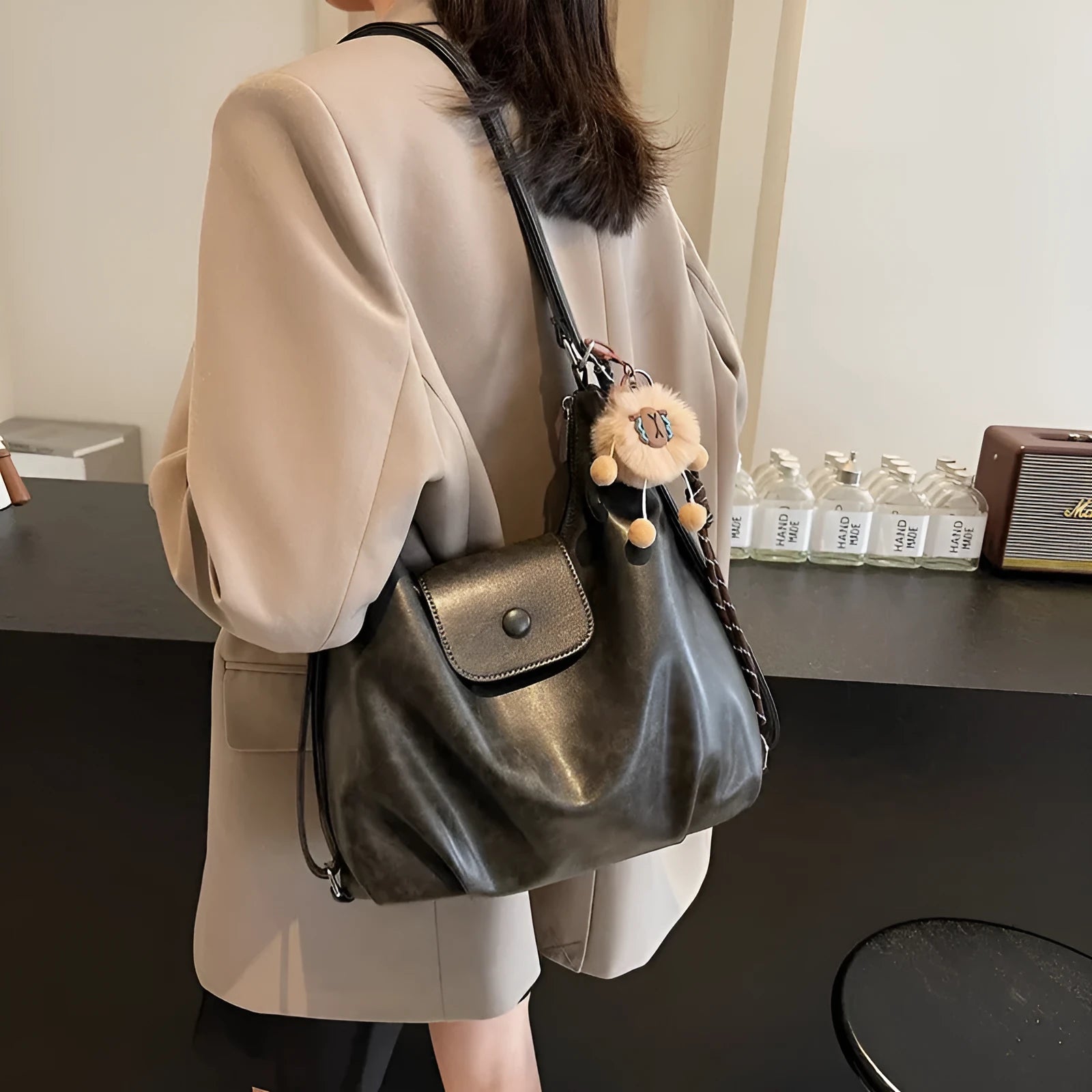 Women's horizontal square PU leather shoulder bag in urban simplicity style with single strap and internal phone pocket