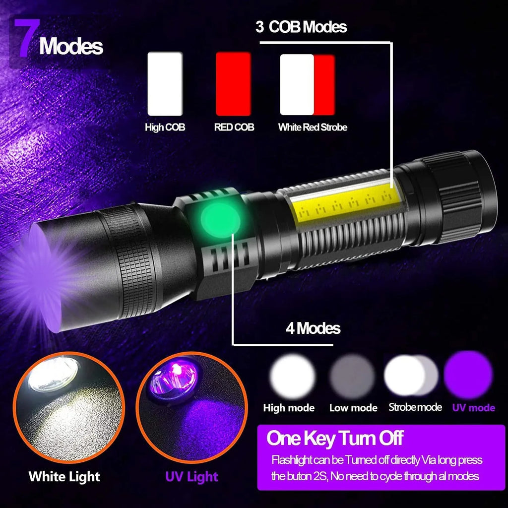 Aluminium alloy multifunctional magnet USB rechargeable flashlight with 10W strong focus beam and 2000mAh battery on white background