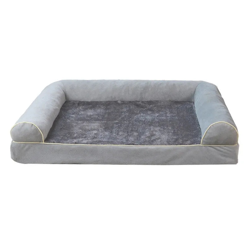 Square dark grey cloth dog bed with sponge core on a wooden floor, showing low-profile design and breathable fabric texture.