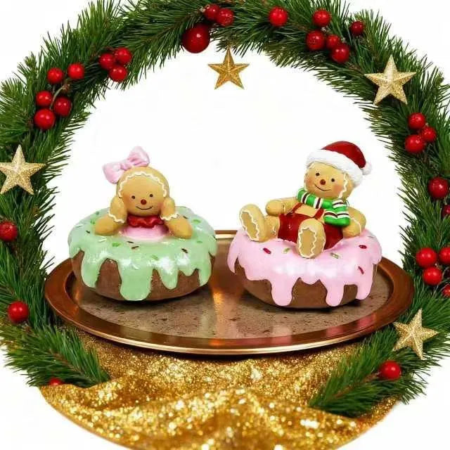 Hand drawn cartoon resin gingerbread man Christmas ornament with pink donut motif on white background