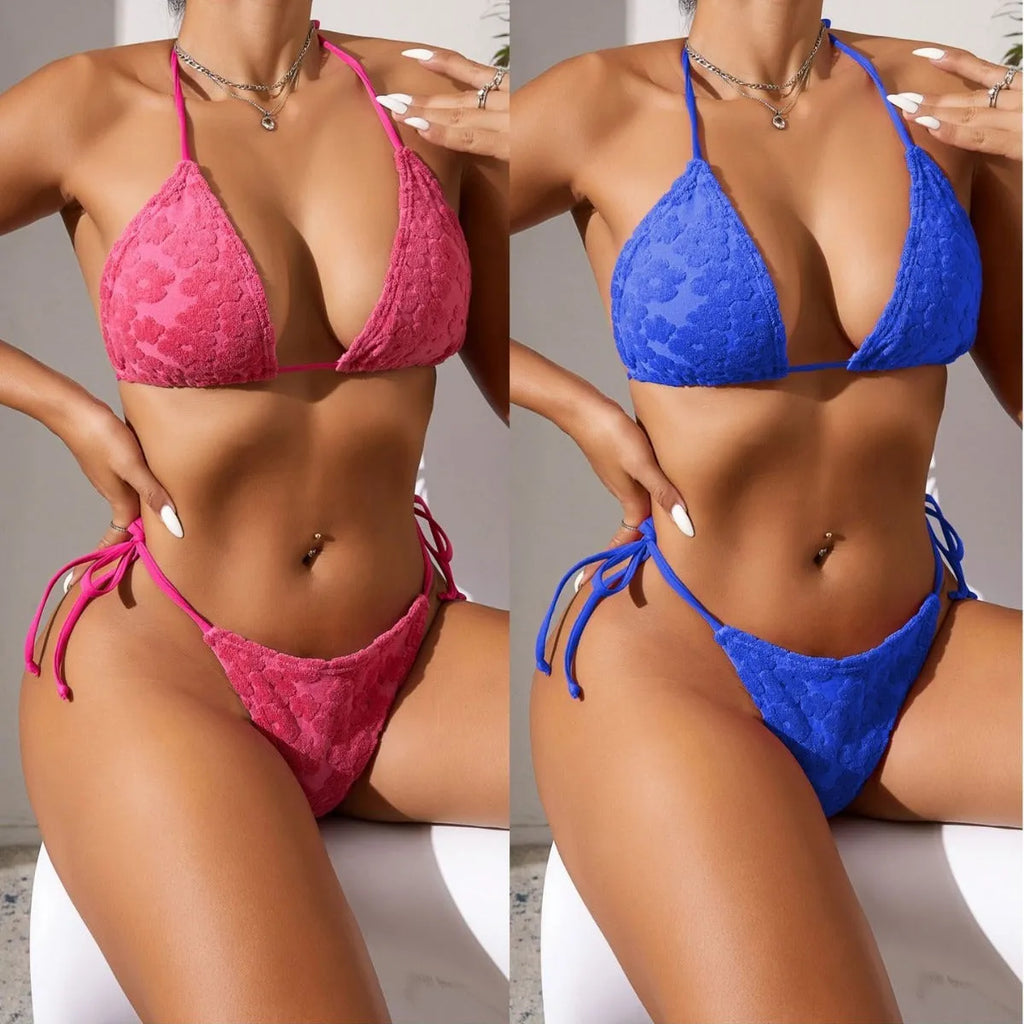 Women's floral fabric three-point lace-up bikini swimsuit in blue or rose red