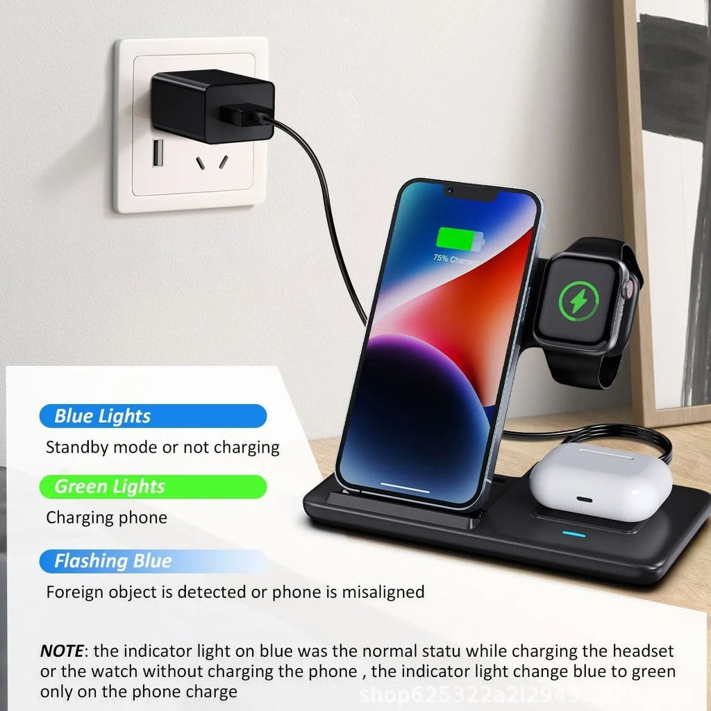 Three-in-one foldable wireless charger in white with twin coil 15W fast charge for smartphone earbuds smartwatch