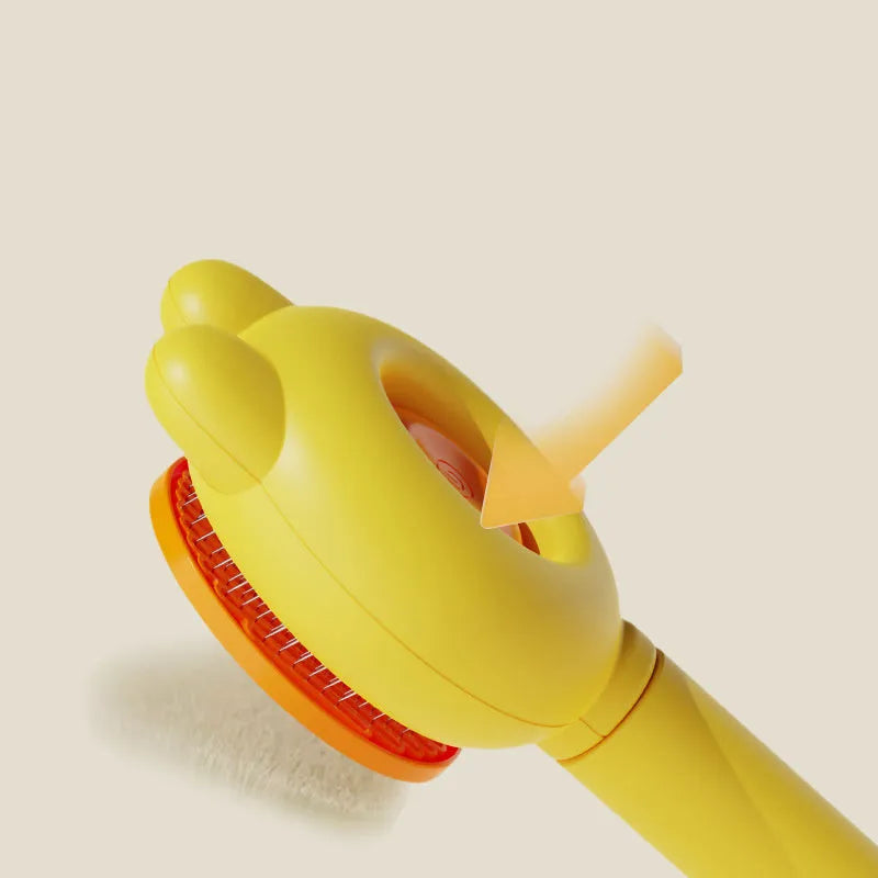 Green self-cleaning pet brush with release button and stainless steel comb on a white background.