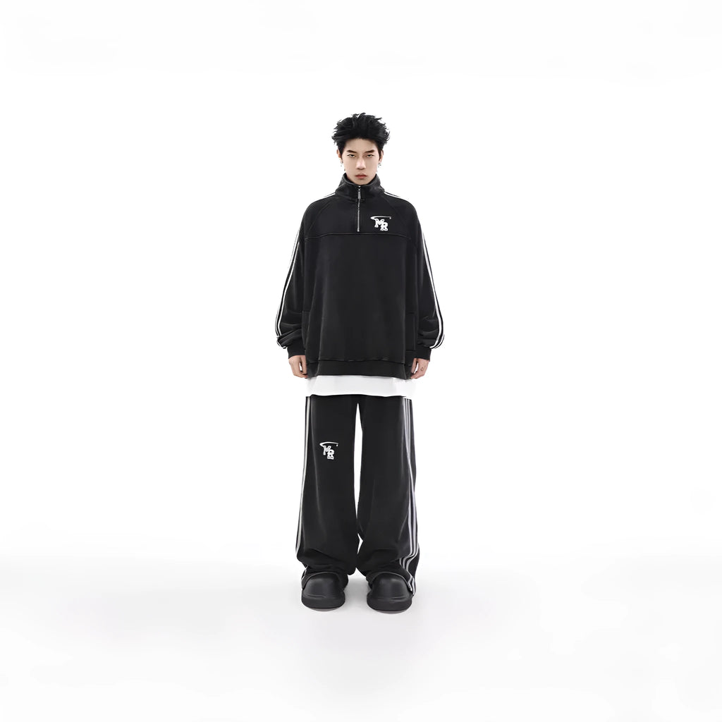 Black unisex retro casual sweater hoodie with a stand collar and long sleeves.