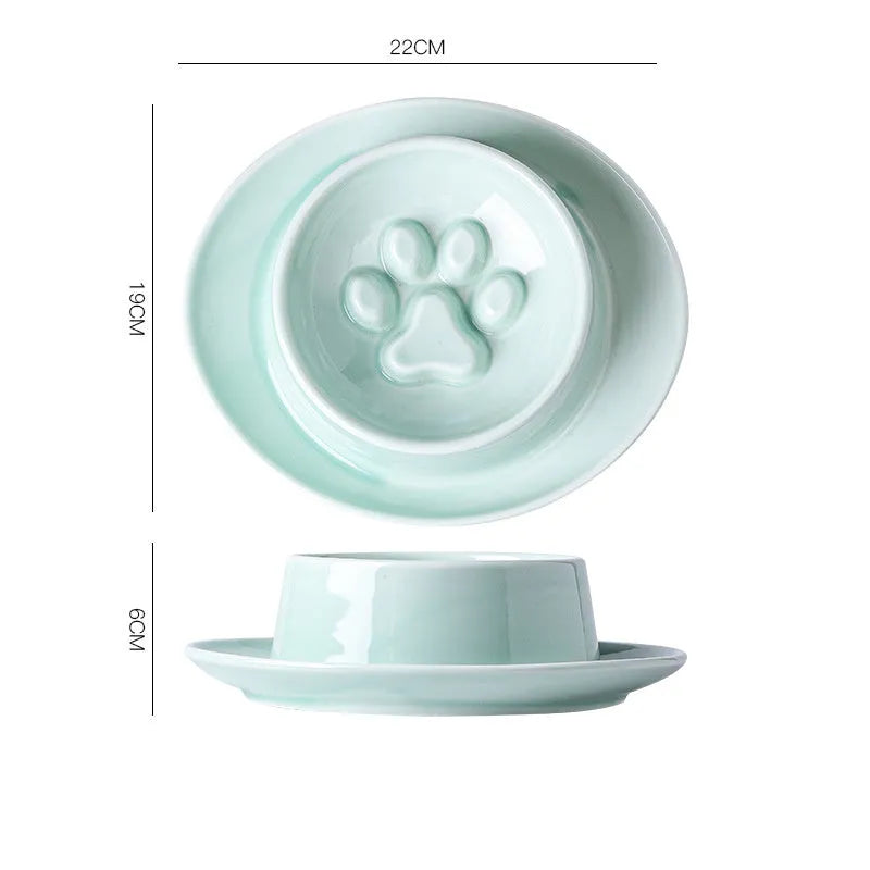 Ceramic anti-choking slow food pet bowl with neck protection in green colour