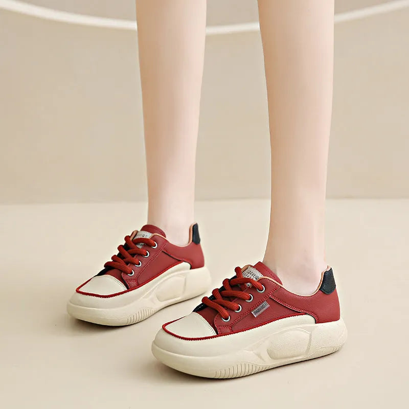 White women's artificial PU casual shoes with mid heel and lace-up design