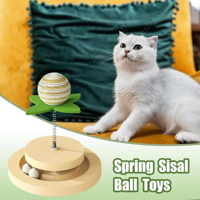 Green sisal cat scratching pad with ball track toy featuring rotating turntable design