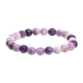 Purple geometric stone beads on elastic bracelet, shown with size options from 4mm to 10mm diameter