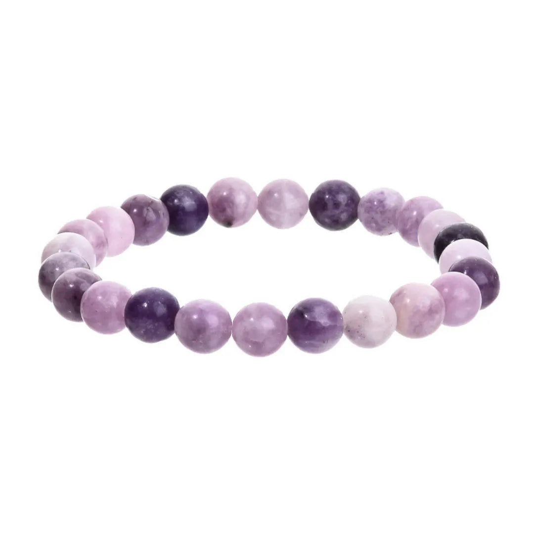 Purple geometric stone beads on elastic bracelet, shown with size options from 4mm to 10mm diameter