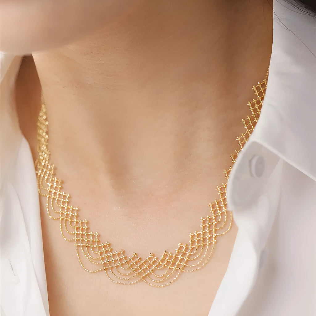 18K gold inverted rainbow adjustable neck chain, 45cm total, 21cm lace section, white or yellow rainbow