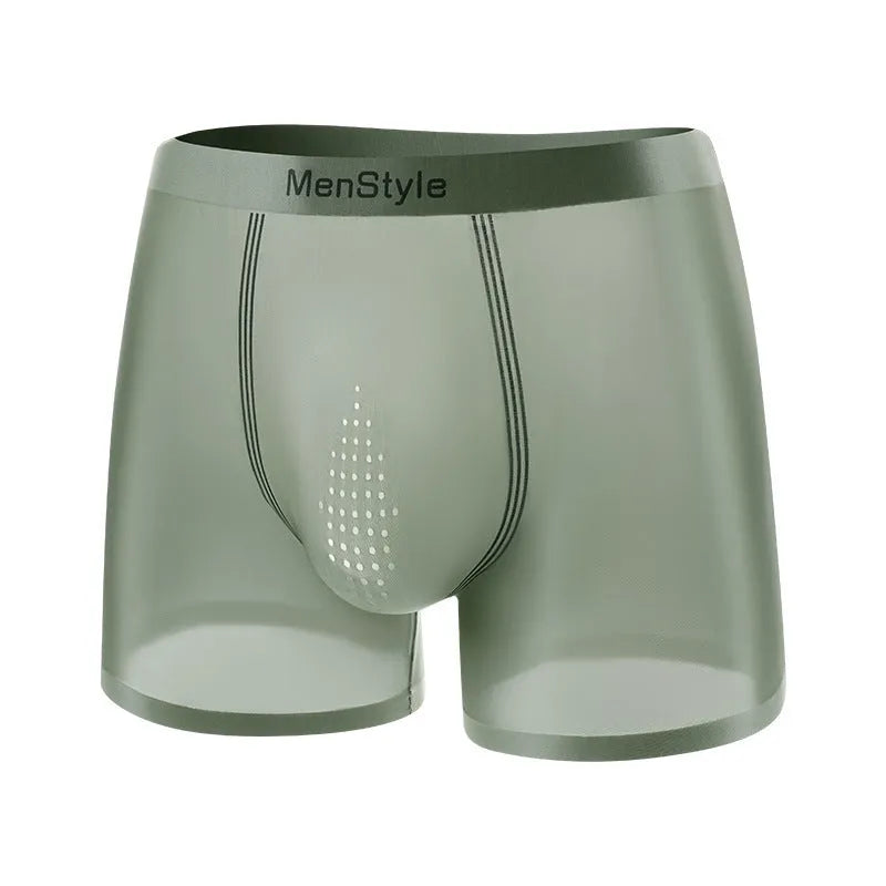 Men's seamless ice silk boxers in dark grey colour showing mid-waist and single-layer design.