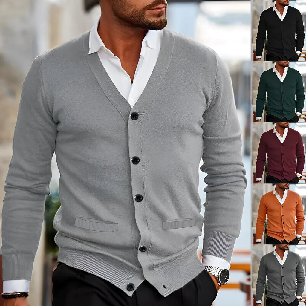 Men's slim fit acrylic cardigan sweater in creamy white colour, long sleeve for autumn winter.