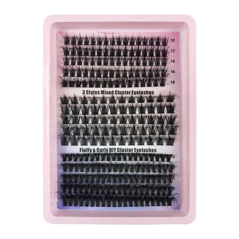 Box of mixed messy false eyelashes in five specifications for DIY volume and lash extensions.