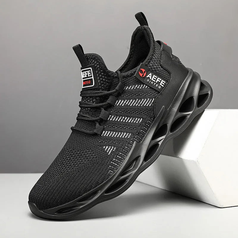 Men's black mesh casual running shoes with cross-strap design and low-top profile