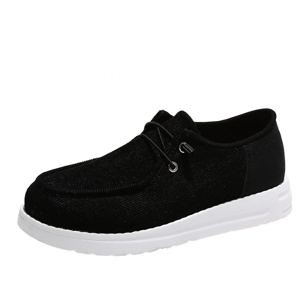 Women's breathable flat shoes with elastic band, cloth upper, round toe, low heel, in black