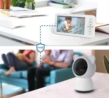 Baby monitor with 5-inch screen showing a clear 720P view of a baby in a cot, with controls for pan tilt and night vision
