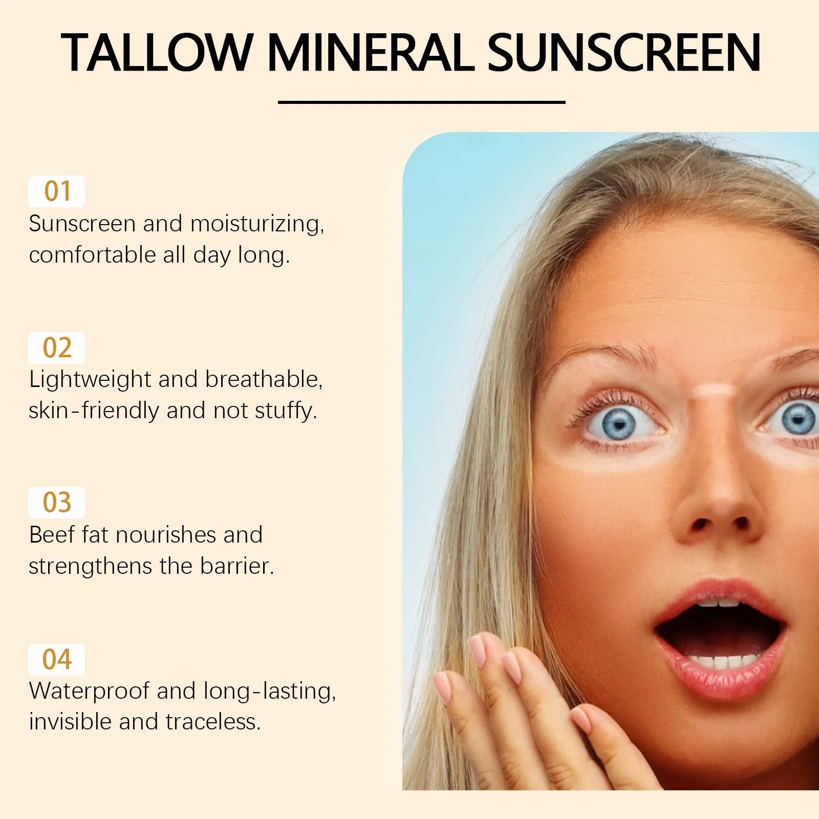 60g tube of cow fat moisturising sunscreen for facial UV protection with mineral filters.