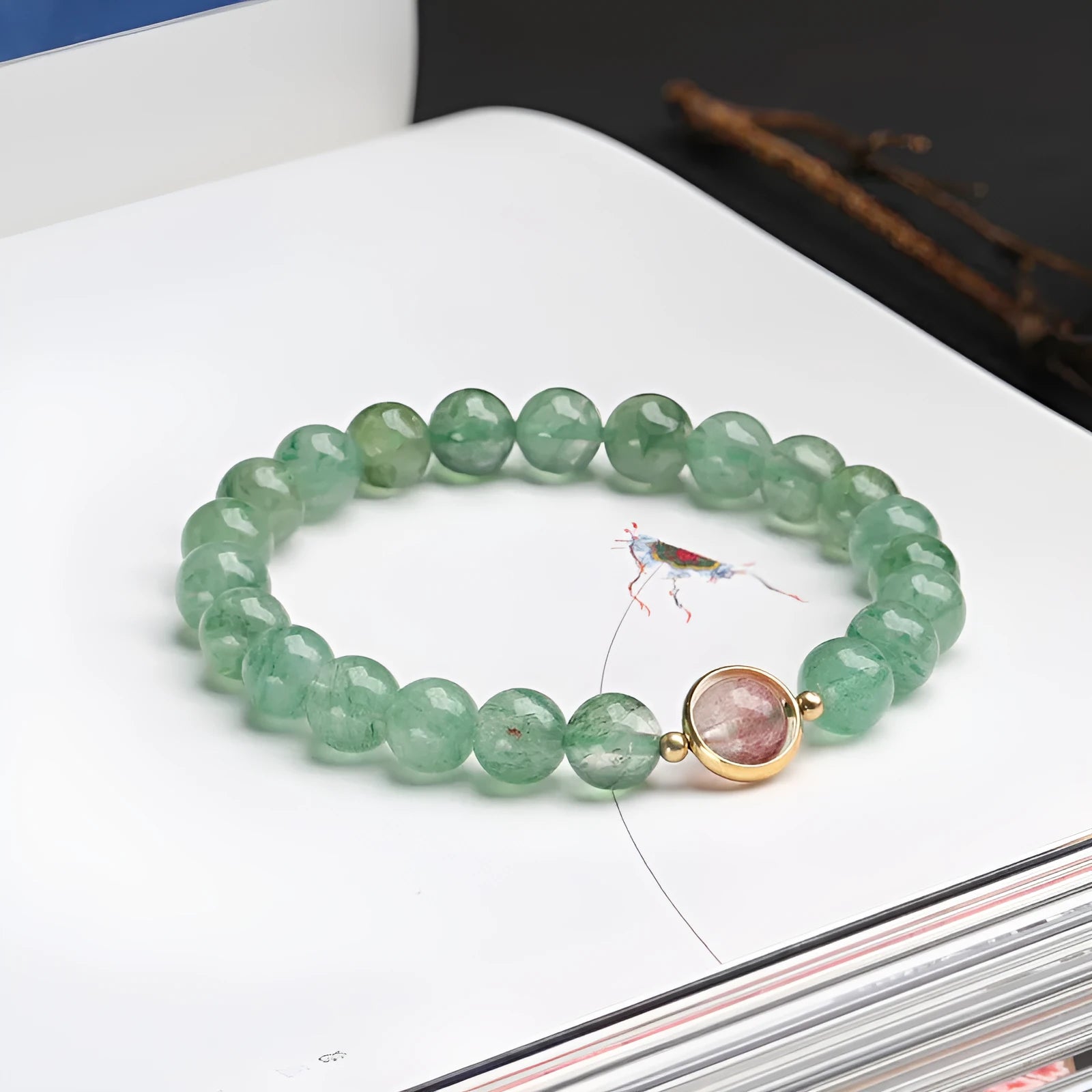 Green strawberry quartz Chinese style geometric bracelet hand-woven with 7.5mm stones