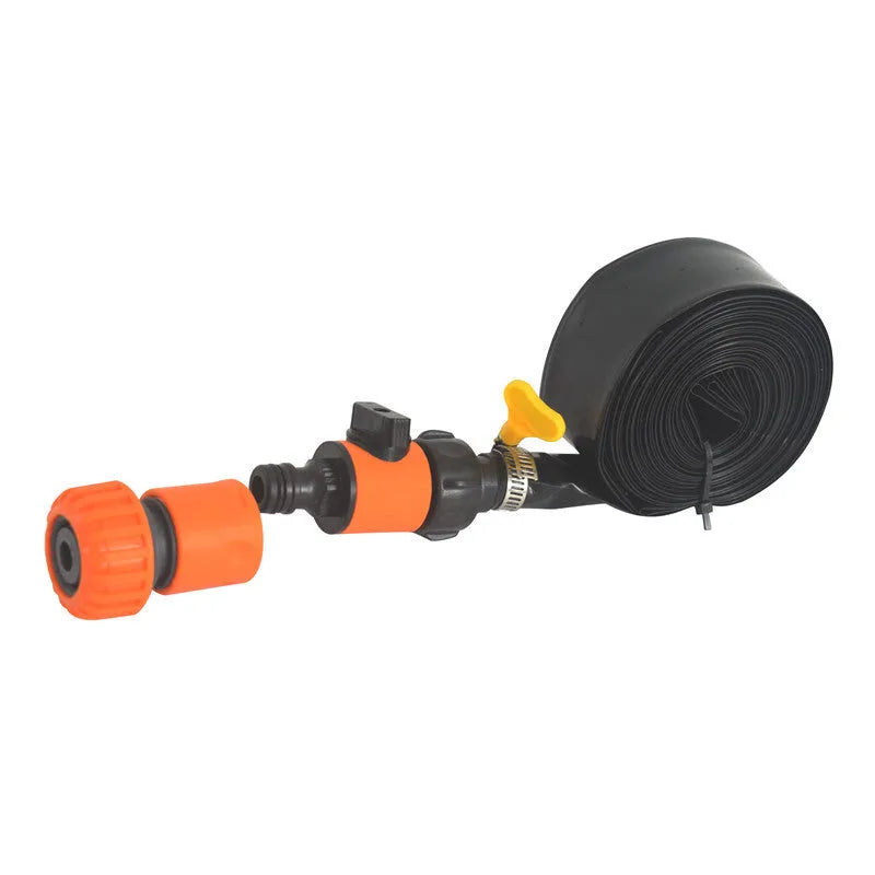 Blue portable solar garden sprinkler with hose connection and PVC switch on grass.