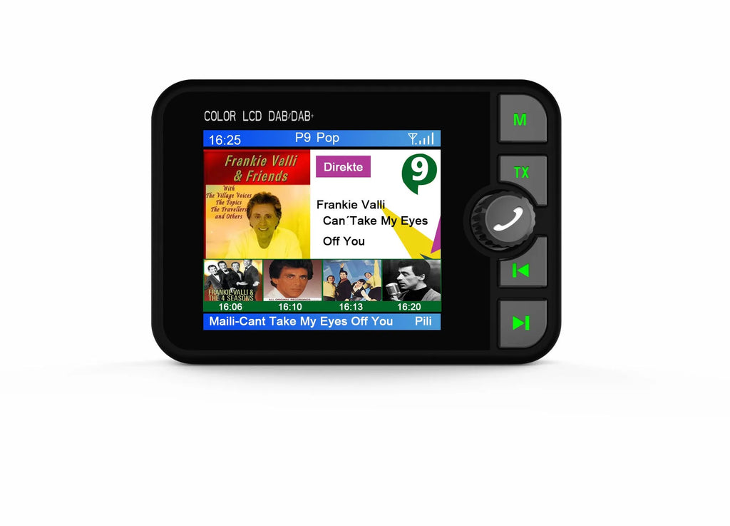 Black ABS car DAB digital receiver with 2.4-inch colour LED screen showing radio display