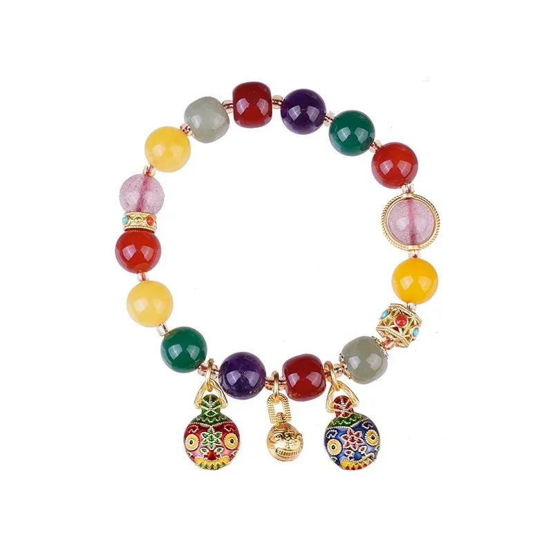 Hand-woven agate bracelet with swallowing gold beast charm and 10mm beads