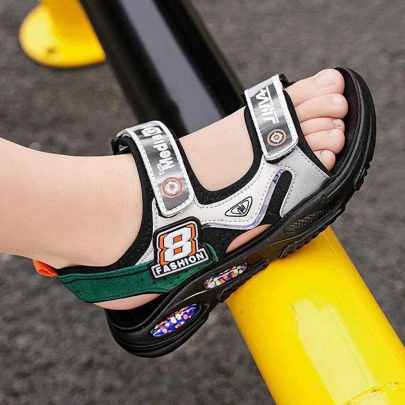 Boys anti-slip beach sandals in green, orange, and blue with microfiber leather upper and rubber sole