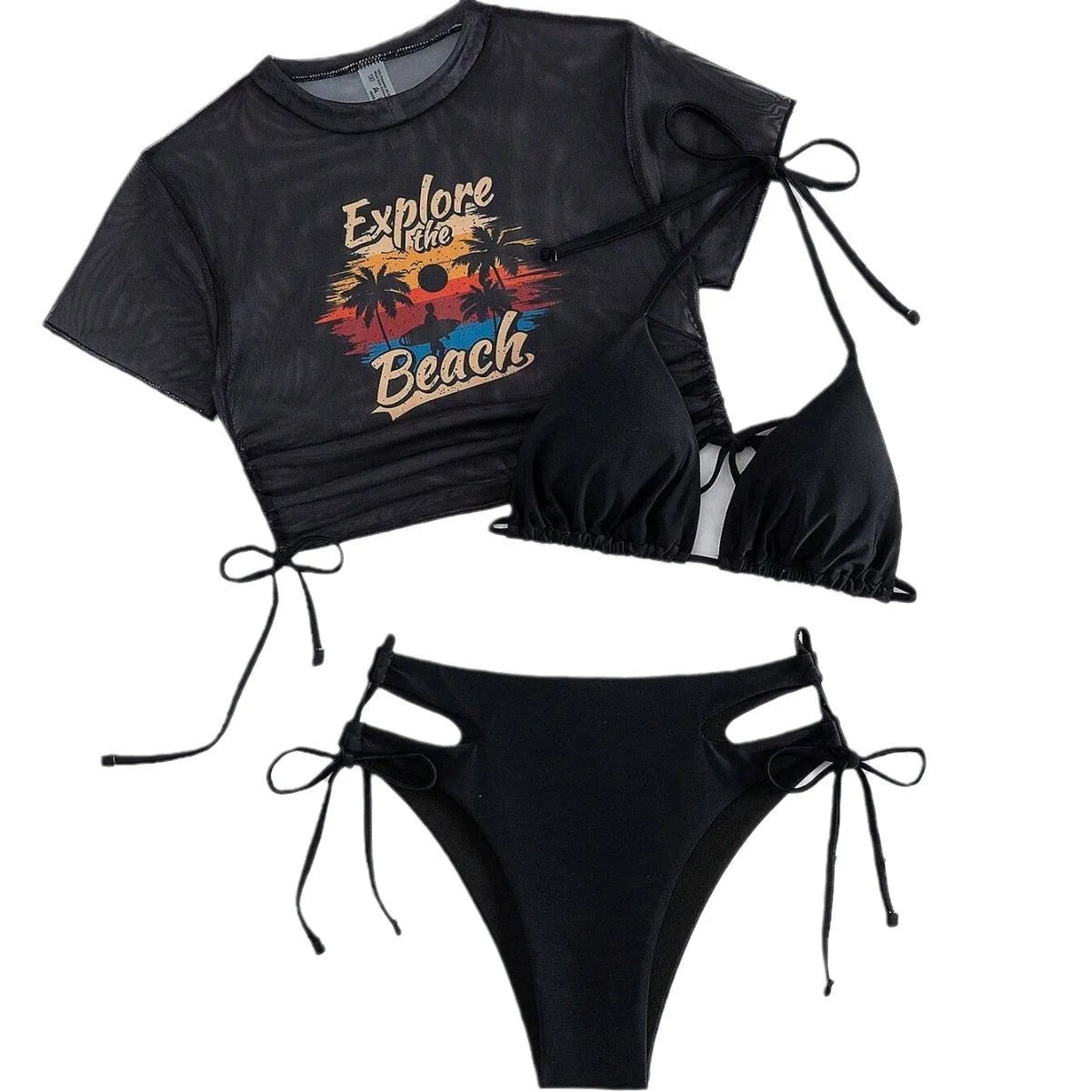 Women's three-piece bikini swimsuit set with short-sleeved top in nylon and spandex.