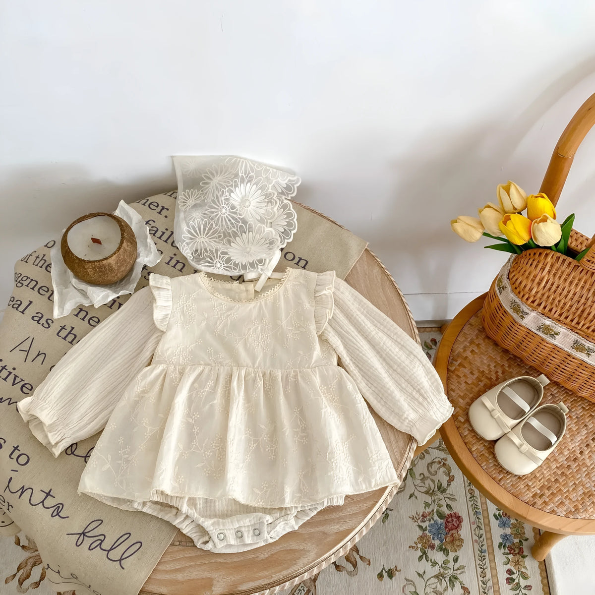 Apricot cotton baby jumpsuit with long sleeves, embroidery and lace, triangle style for spring autumn, sizes 66cm to 90cm