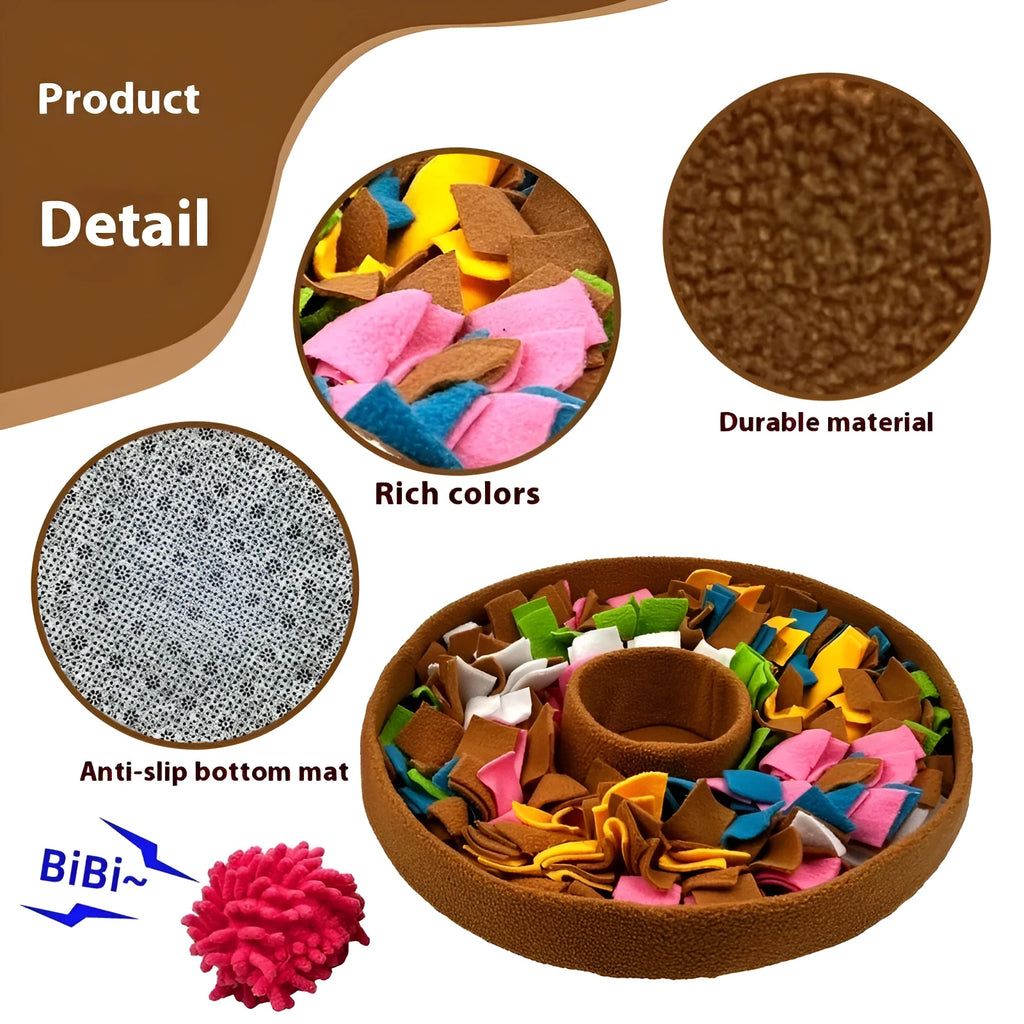 Brown polyester pet smell puzzle mat on floor, with dry treats hidden in folds for nose work