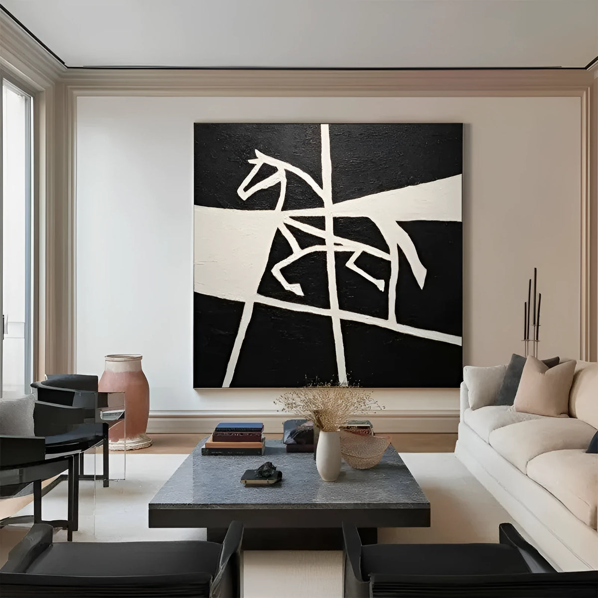Handmade oil painting on canvas of a black and white horse with success theme, rolled and frameless, square size 60x60cm