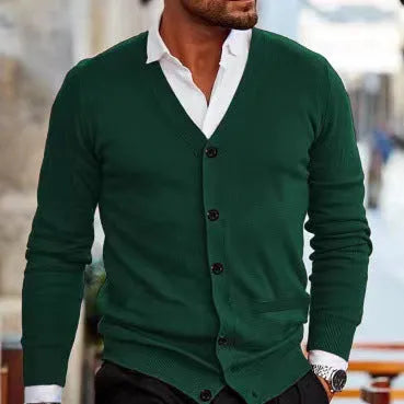 Men's slim fit acrylic cardigan sweater in creamy white colour, long sleeve for autumn winter.