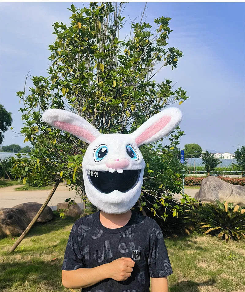 White rabbit head helmet cover for electric motorcycles with long ears and plush material