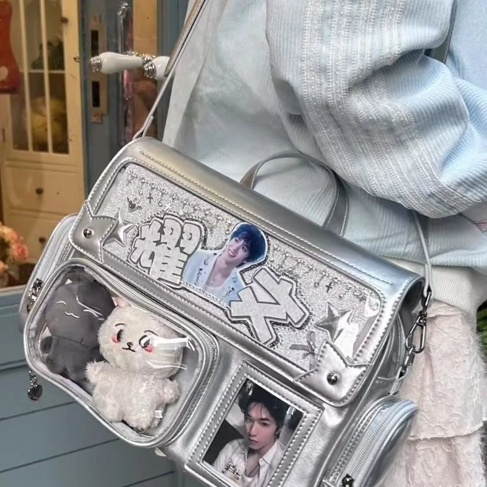 Hidden light plate cartoon crossbody bag in pink PU with stitching and lock, for leisure travel