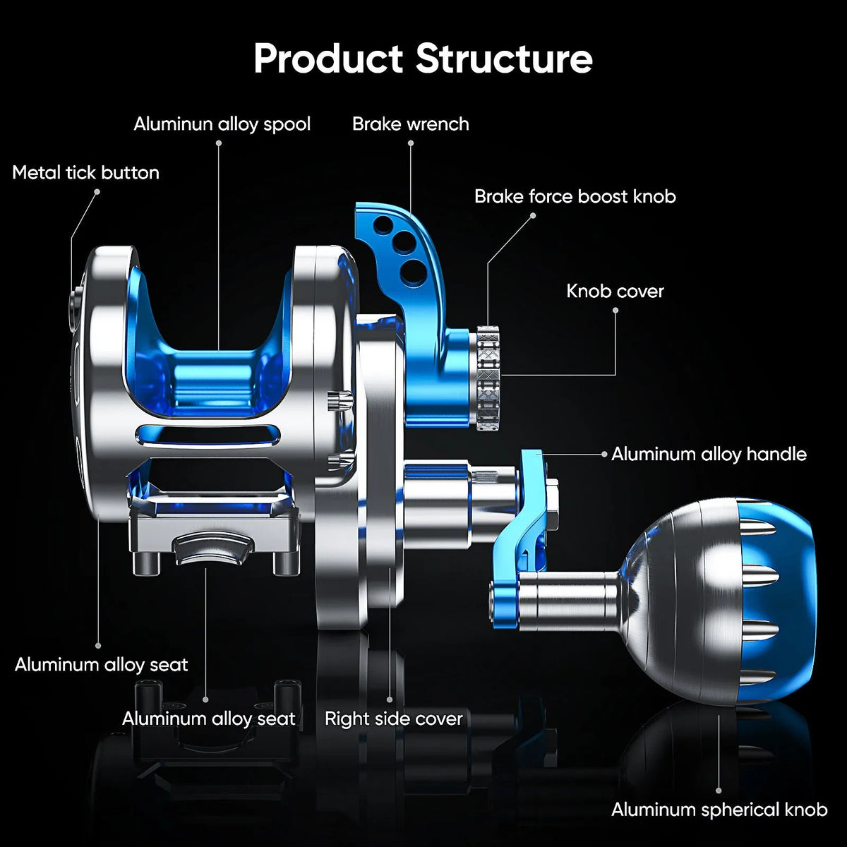 All-metal drum sea fishing casting reel with ball handle, TC300 or TC500, left or right hand