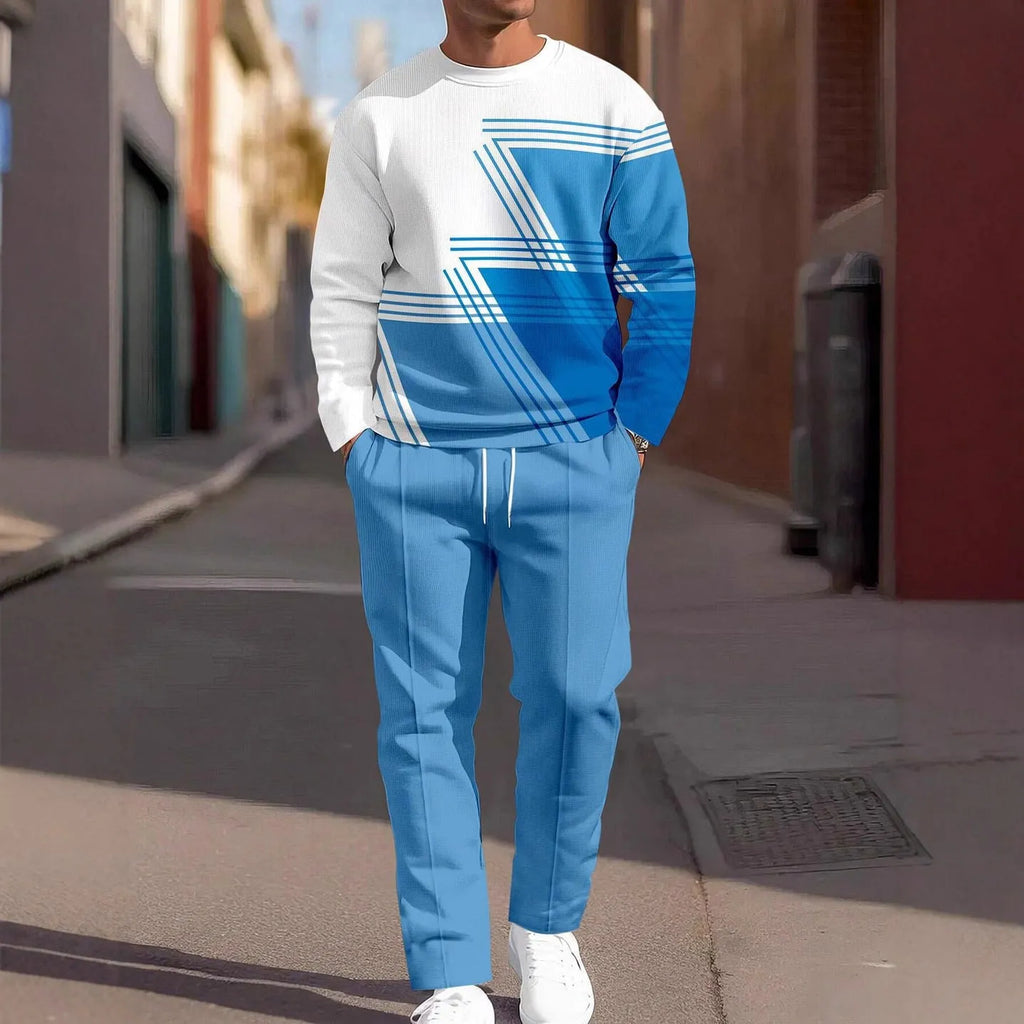 Men's 3D digital print sweatshirt and sweatpants set, long sleeve round neck top with full-length pants, polyester, S-6XL