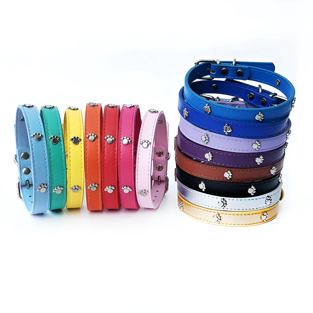 Pack of 10 1.5cm PU dog collars in various colours with bell pendant