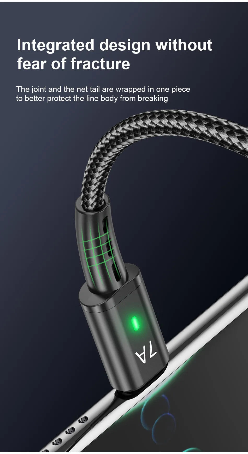 7A braided Type-C charging cable in black with aluminium alloy connector and indicator light