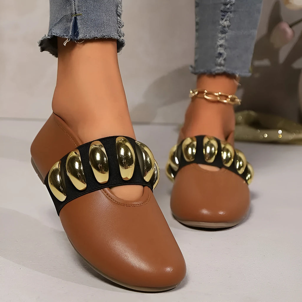 Women's brown artificial PU slip-on loafers with metal buckle and sequin decoration on front