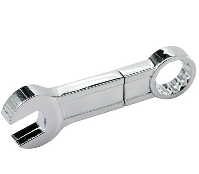Metal wrench USB 3.0 flash drive with double-headed plum blossom design, metal shell, and small chain