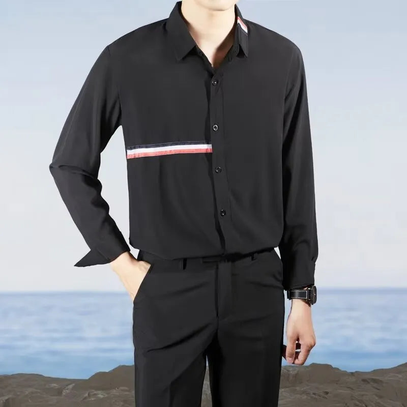 Hong Kong style loose fit cardigan shirt in cotton blend fabric with non-ironing technology