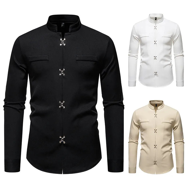 Men's long-sleeved polyester casual shirt in black, white, and khaki colours, slim fit, cardigan style