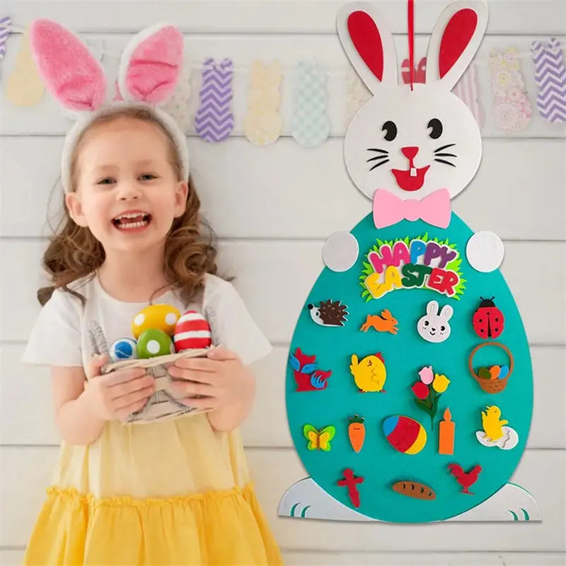 Easter felt bunny pendant with 7 detachable egg patches, 89 cm x 51 cm, for wall or door decoration