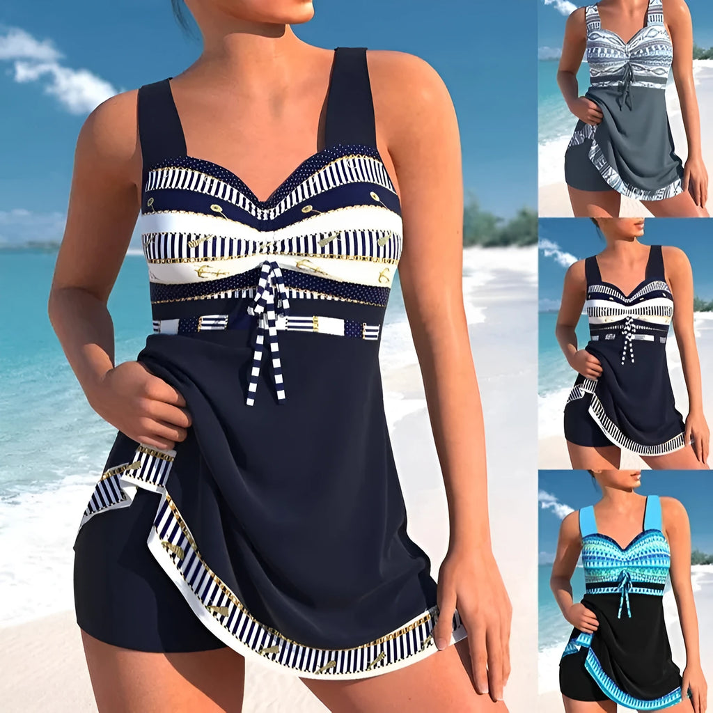 Plus size women's quick-drying split skirt bikini swimsuit in polyester fabric showing backless design