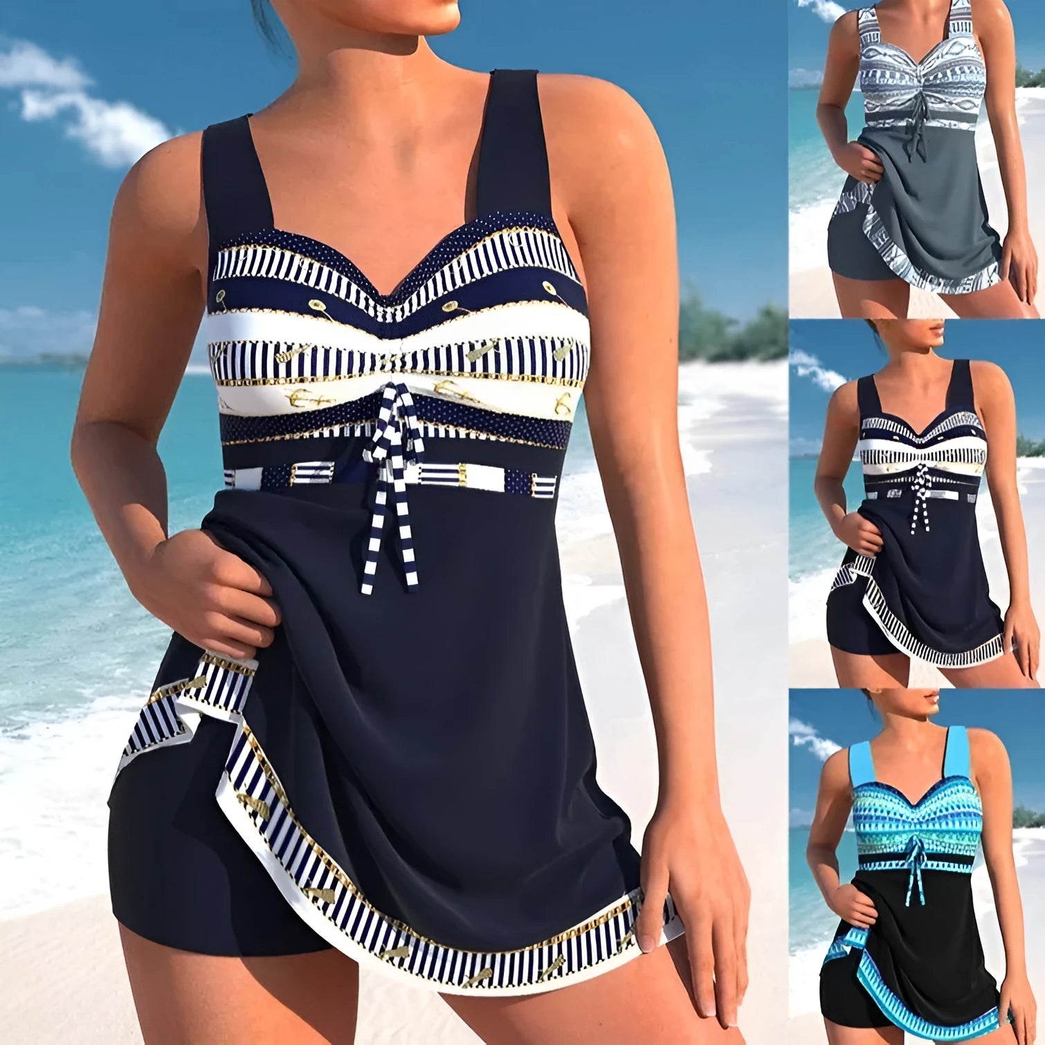 Plus size women's quick-drying split skirt bikini swimsuit in polyester fabric showing backless design