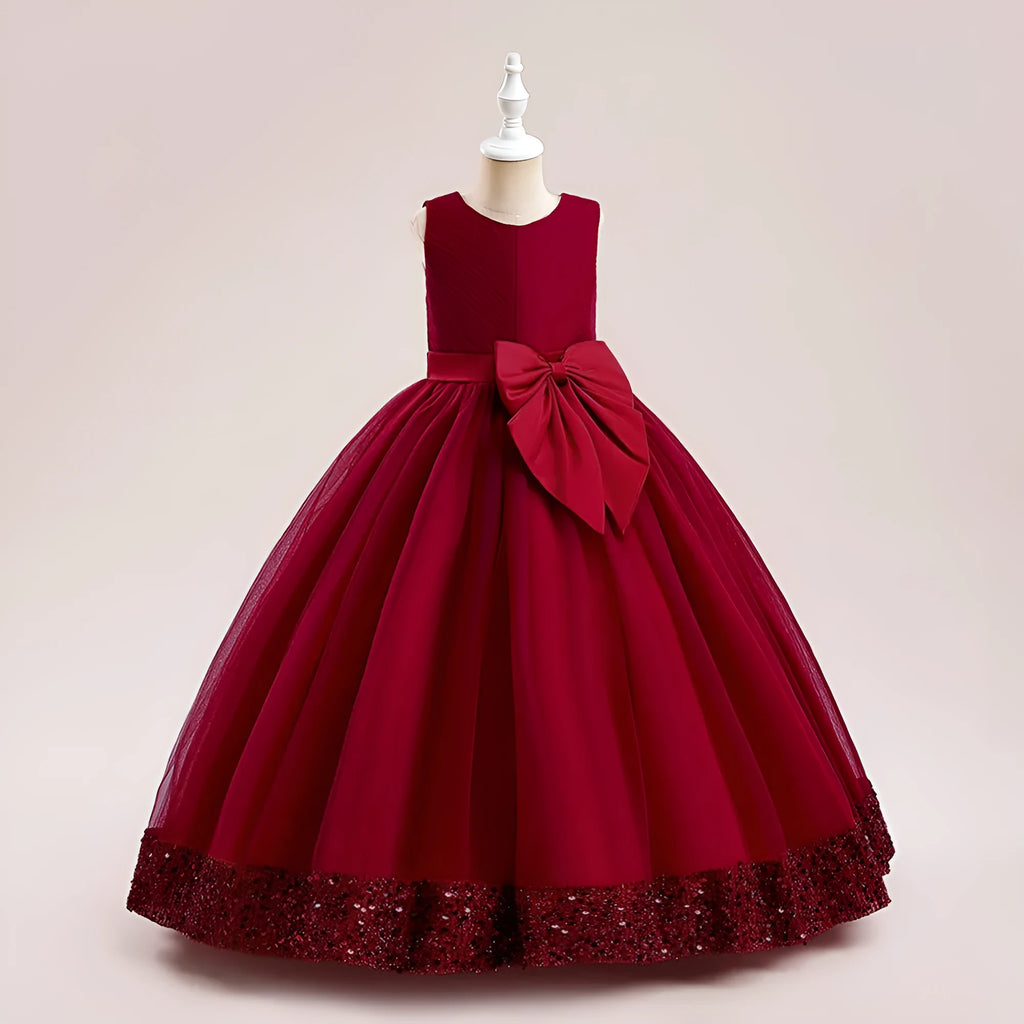 New Sequins Children's Mesh Dress in cotton blend, available in avocado green, bean pink, dark green, purplish red, and white, for girls 120-170cm height